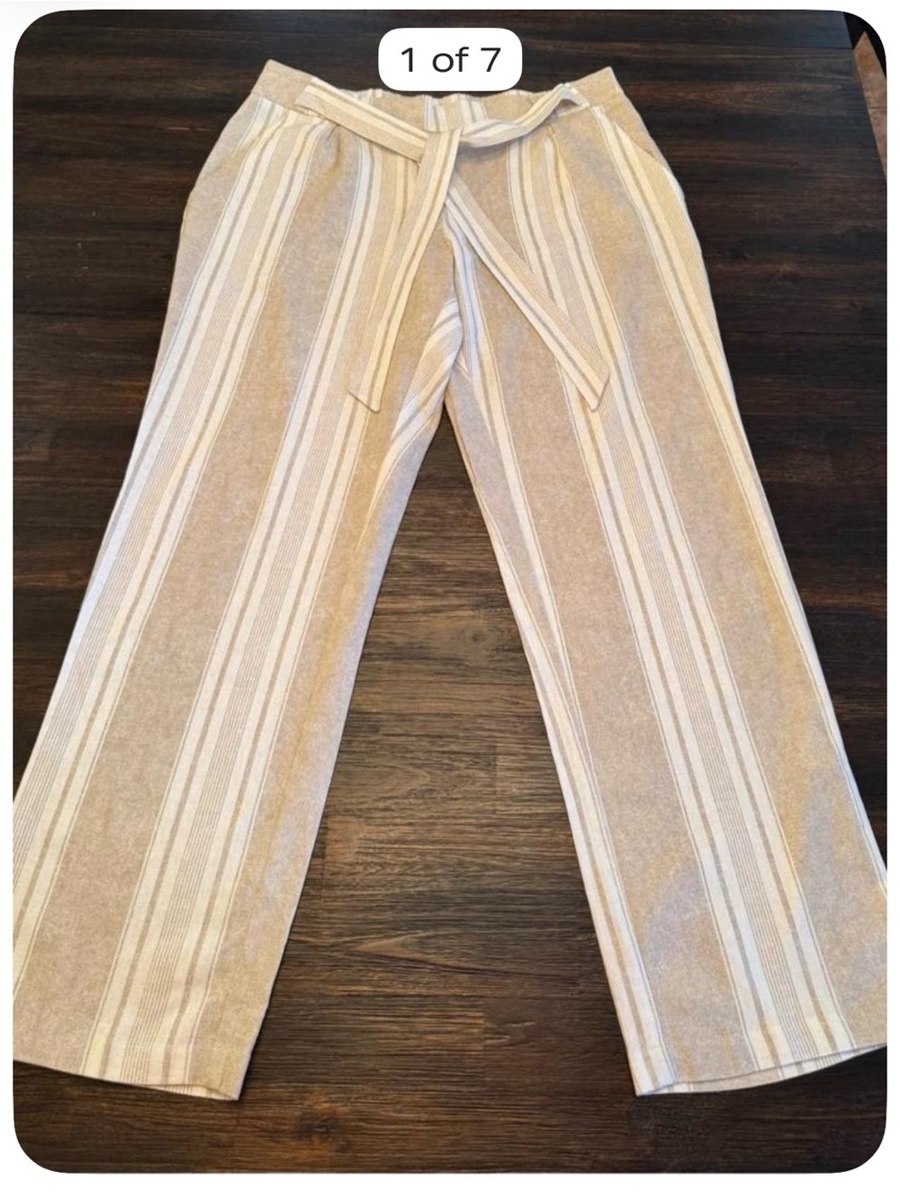 SOHO Apparel Ltd Linen Blend Striped Tie-Waist Pants Women’s Large Beige Cream